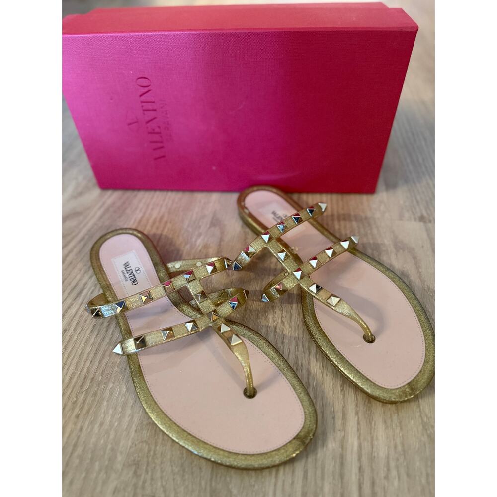 Valentino Rockstud Gold Jelly Thong Sandals Size 37
